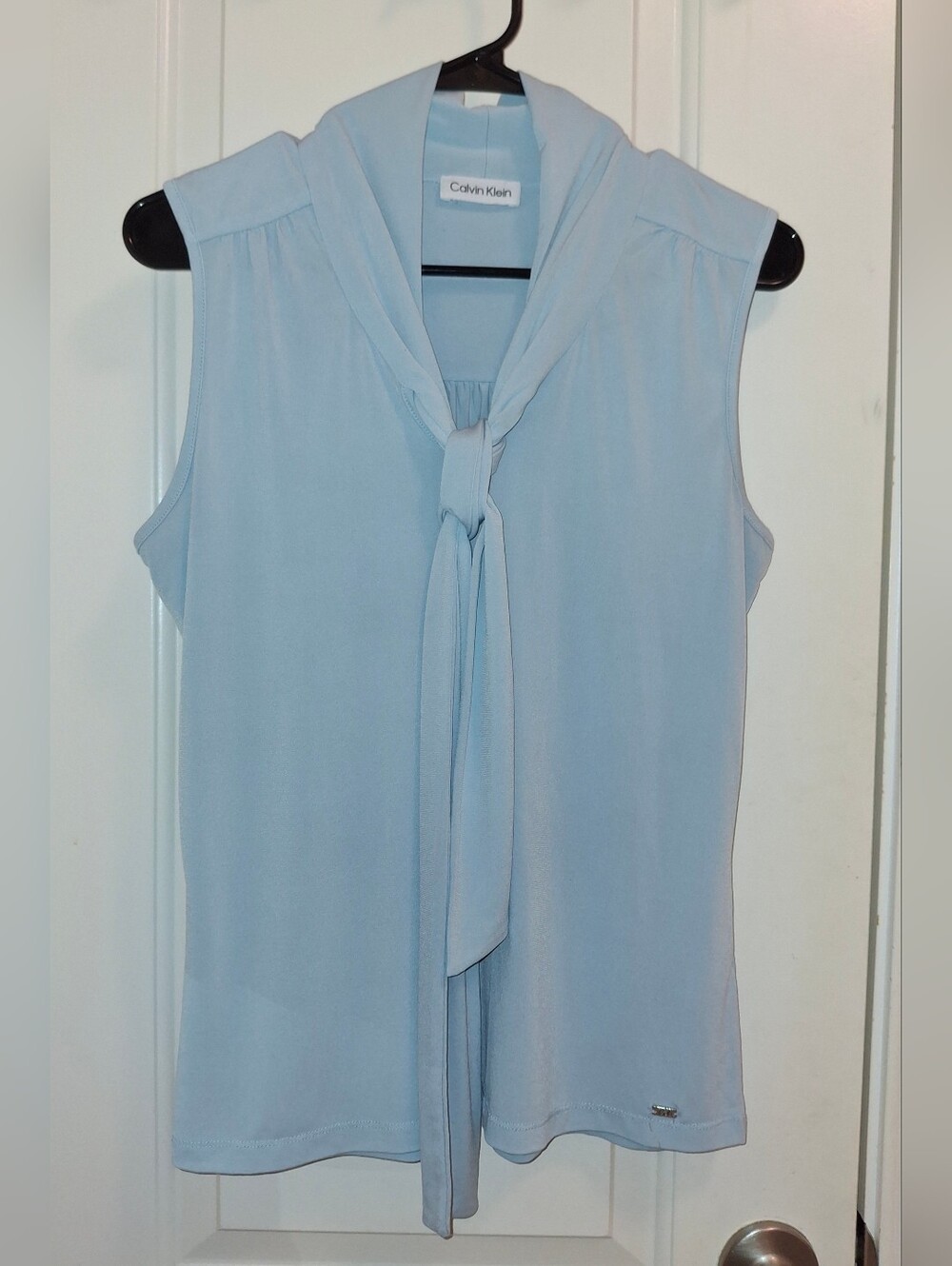Calvin Klein Pale Blue Tie-Neck Sleeveless Blouse